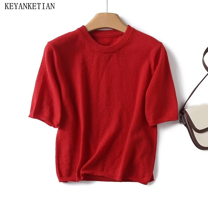 Aglaonema Red - Keyanketian เสื้อสเวตเตอร์ atasan Bahan rajut แขนสั้นสีแดงสำหรับผู้หญิงอเมริกาแบบย้อนยุคฤดูร้อนเสื้อครอปแบบบางเสื้อครอป
